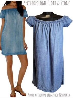 Anthropologie Cloth & Stone Women's Chambray Off the Shoulder Blue mini Dress XS